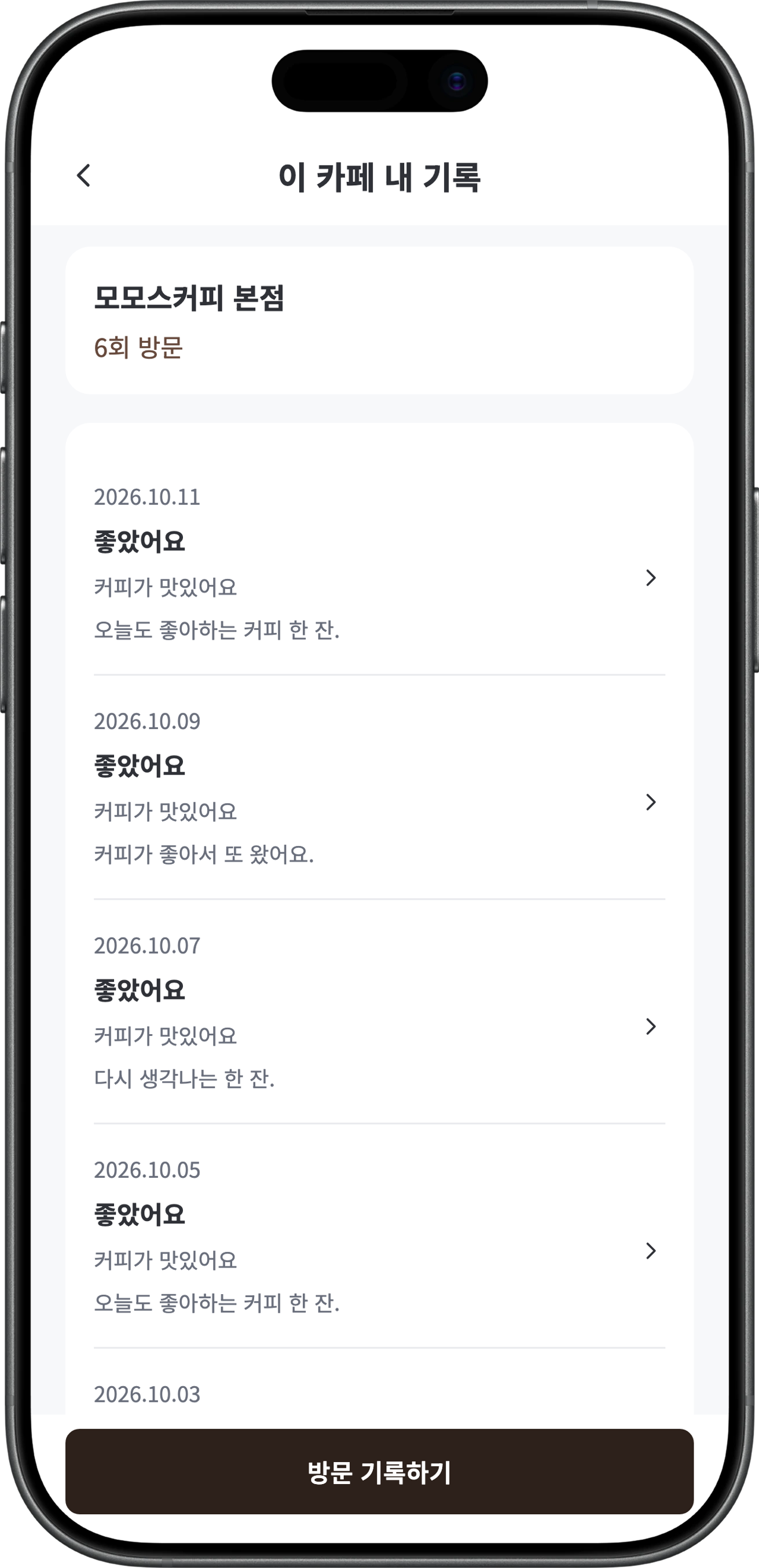 모모스커피 본점의 방문 날짜와 메모가 쌓인 실제 앱 화면 · 예시 기록